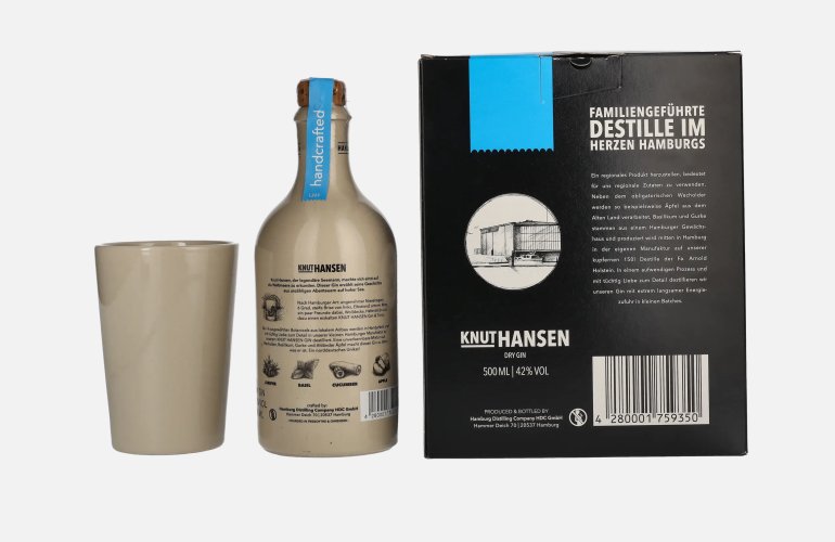Knut Hansen Dry Gin 42% Vol. 0,5l en boîte cadeau avec Keramiktasse