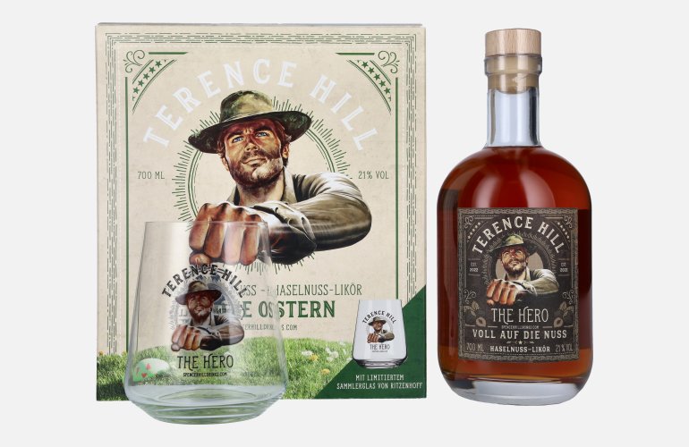 Terence Hill THE HERO Voll Auf Die Nuss Haselnuss Likör FROHE OSTERN Edition 21% Vol. 0,7l in Giftbox with limitiertem Ritzenhoff Sammlerglas