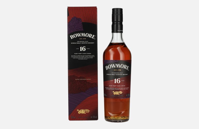 Bowmore 16 Years Old Ruby Port Cask Finish Islay Single Malt 43% Vol. 0,7l in geschenkverpakking