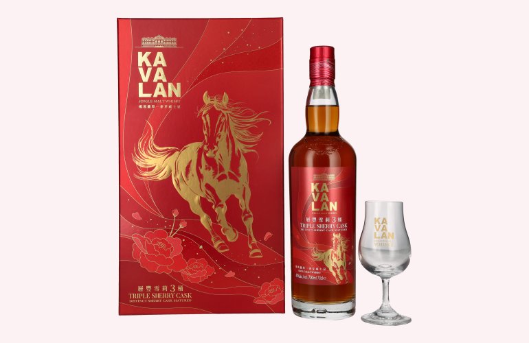 Kavalan Triple Sherry Cask Matured Lunar Horse New Year 2026 40% Vol. 0,7l in geschenkverpakking met Nosing Glas