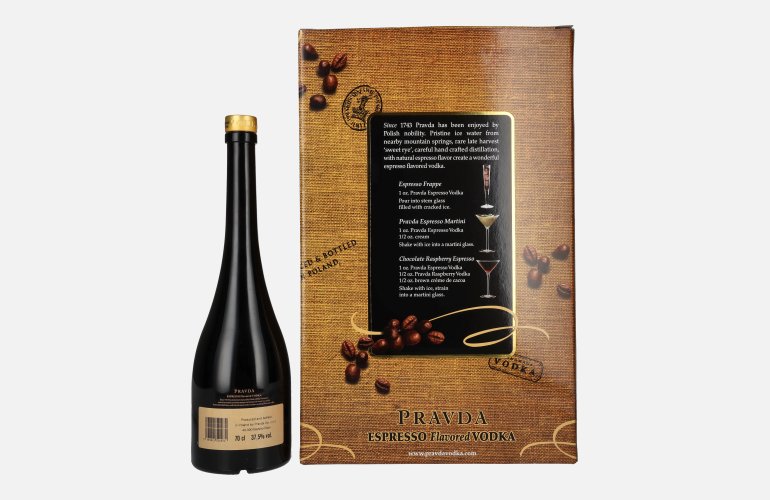 Pravda ESPRESSO Flavored Vodka 37,5% Vol. 0,7l in Giftbox with 2 glasses