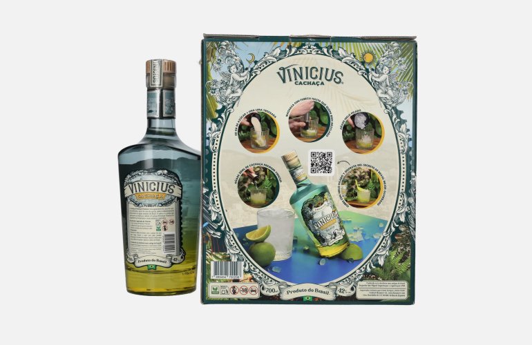 VINICIUS Premium Cachaca Prata 42% Vol. 0,7l en boîte cadeau avec Verre