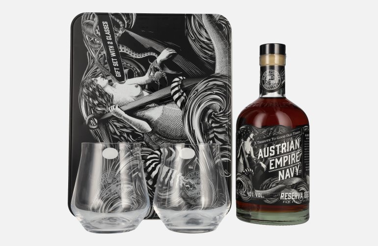 Austrian Empire Navy RESERVA 1863 Spirit Drink 40% Vol. 0,7l en boîte cadeau avec 2 Verres