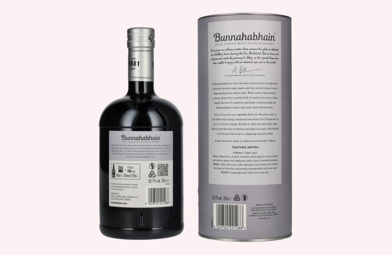Bunnahabhain 14 Years Old RUBY PORT CASK Matured Limited Release Fèis Ìle 2024 58,7% Vol. 0,7l in Giftbox