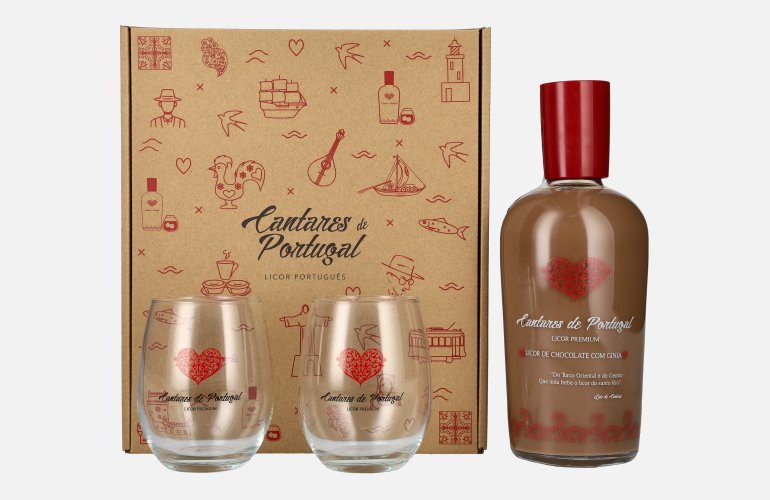 Cantares de Portugal Licor de Chocolate com Ginia 15% Vol. 0,7l in Geschenkbox mit 2 Gläsern