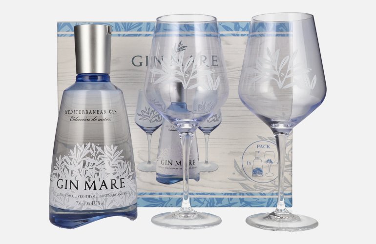 Gin Mare Mediterranean Gin 42,7% Vol. 0,7l en boîte cadeau avec 2 Verres