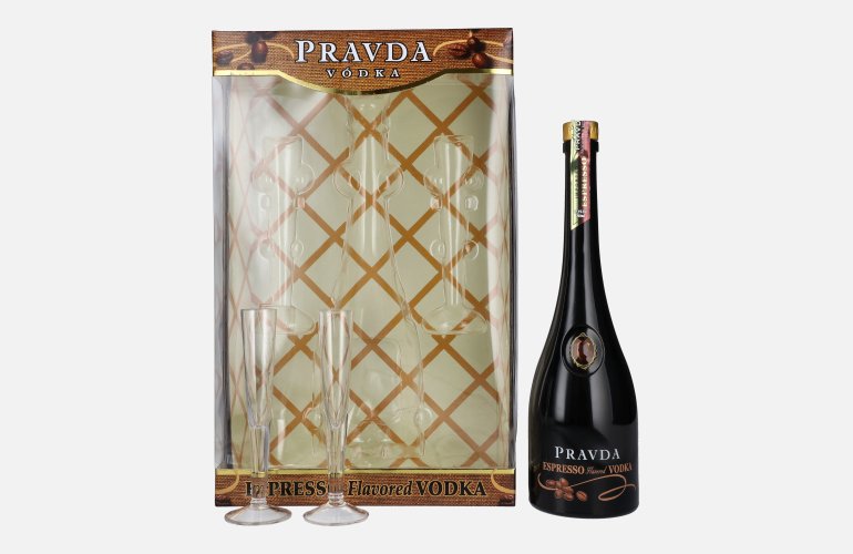Pravda ESPRESSO Flavored Vodka 37,5% Vol. 0,7l in Giftbox with 2 glasses