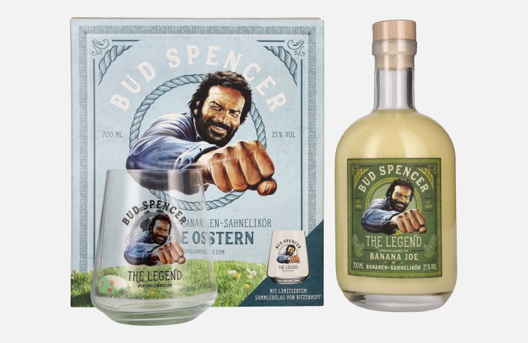 Bud Spencer The Legend BANANA JOE Bananen-Sahnelikör FROHE OSTERN Edition 21% Vol. 0,7l in geschenkverpakking met limitiertem Ritzenhoff Sammlerglas