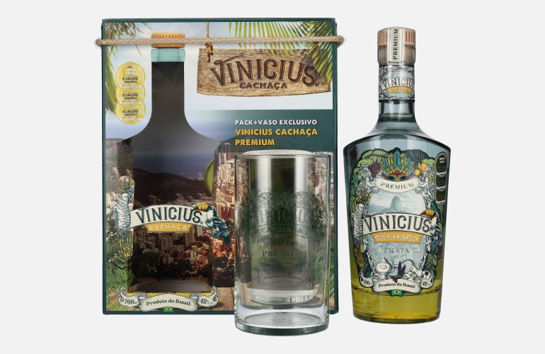 VINICIUS Premium Cachaca Prata 42% Vol. 0,7l en boîte cadeau avec Verre