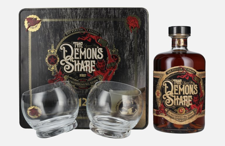 The Demon's Share Superior Blend Rum 12 Years Old 41% Vol. 0,7l in Tinbox met 2 Bril