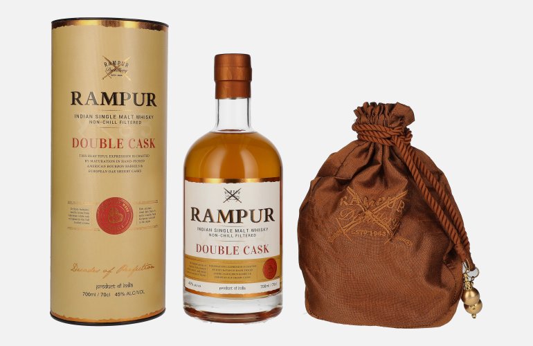 Rampur DOUBLE CASK Indian Single Malt Whisky 45% Vol. 0,7l en boîte cadeau avec Säckchen