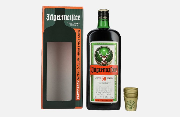 Jägermeister TRAVELLERS' EXCLUSIVE 35% Vol. 1,75l in Giftbox with 10 Metal Shot Cups