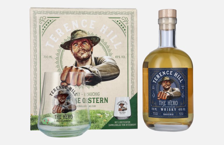 Terence Hill THE HERO Whisky Rauchig FROHE OSTERN Edition 49% Vol. 0,7l en boîte cadeau avec limitiertem Ritzenhoff Sammlerglas