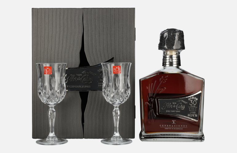 Flor de Caña 30 Years Old V Generaciones Single Barrel 1988 45% Vol. 0,7l in Geschenkbox mit 2 Stielgläsern
