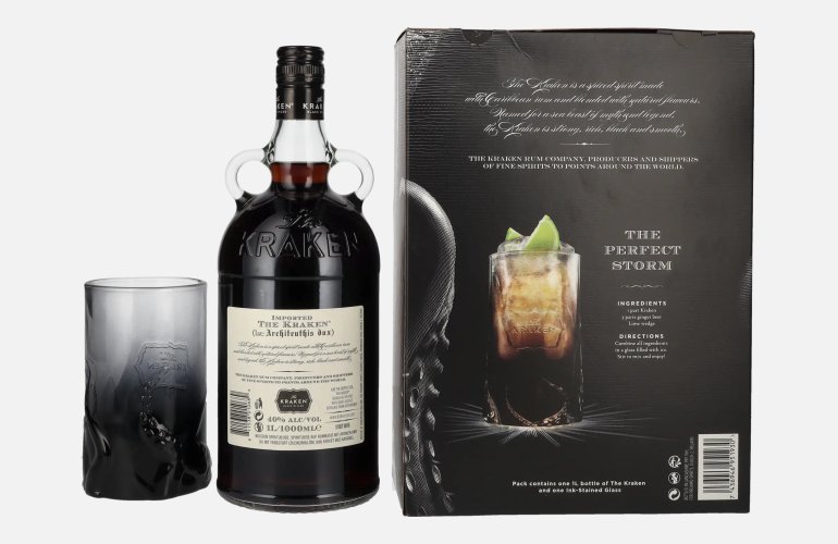 The Kraken Black Spiced 40% Vol. 1l in geschenkverpakking met Glas