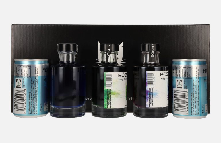 BÖSER KATER Farbwechsel Gin Tasting Set 40% Vol. 3x0,1l en boîte cadeau avec 2 Dosen Fever-Tree Mediterranean Tonic Water