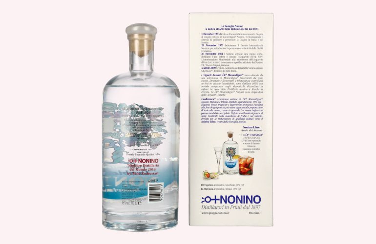 Nonino Grappa ÙE Monovitigni Uvabianca 38% Vol. 0,7l en boîte cadeau