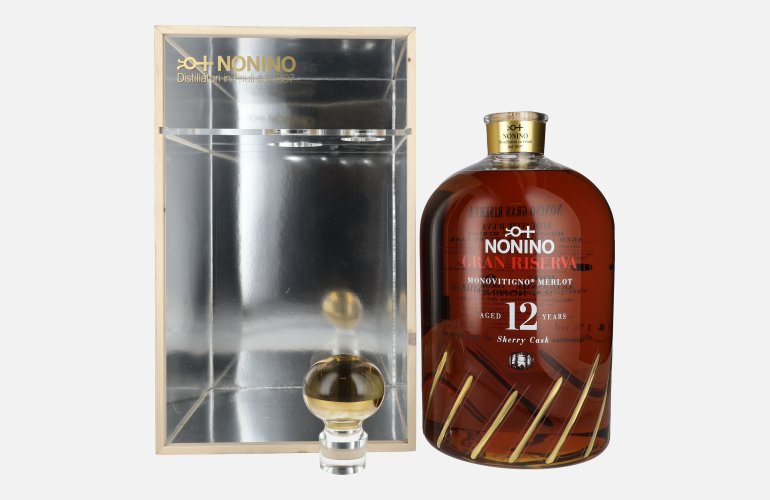 Nonino Grappa 12 Years Monovitigno Merlot Gran Riserva Sherry Cask 41% Vol. 5,8l in Holzkiste met Dosierpumpe