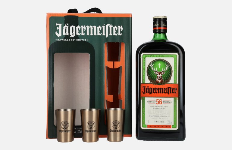 Jägermeister TRAVELLERS' EXCLUSIVE 35% Vol. 1l in Giftbox with 3 Metal Shot Cups