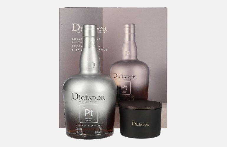 Dictador PLATINUM Colombian Aged Rum 40% Vol. 0,7l in geschenkverpakking met Kerze