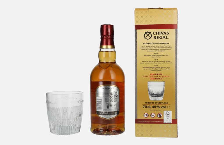 Chivas Regal 12 Years Old Blended Scotch Whisky 40% Vol. 0,7l met Tumbler Glas