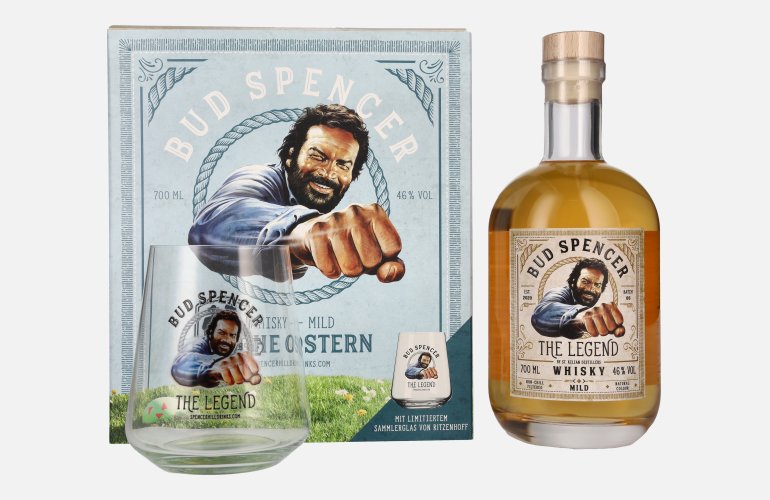 Bud Spencer THE LEGEND Whisky Mild FROHE OSTERN Edition 46% Vol. 0,7l in Geschenkbox mit limitiertem Ritzenhoff Sammlerglas