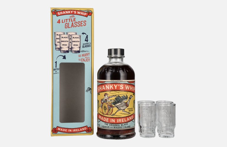 Shanky's Whip The Original Black Liqueur and Whiskey Blend 33% Vol. 0,7l in geschenkverpakking met 4 Shot Bril