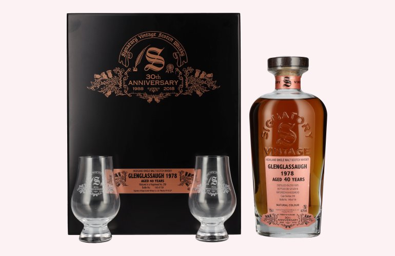 Signatory Vintage GLENGLASSAUGH 40 Years Old 30th ANNIVERSARY 1978 40,9% Vol. 0,7l in Holzkiste mit 2 Gläsern