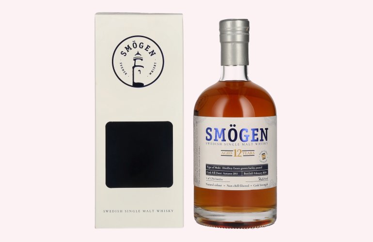 SMÖGEN 12 Years Old Distillery Estate Barley Swedish Single Malt Whisky 56,6% Vol. 0,5l en boîte cadeau
