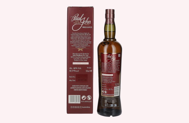 Paul John BRILLIANCE Indian Single Malt Whisky 46% Vol. 0,7l in Geschenkbox