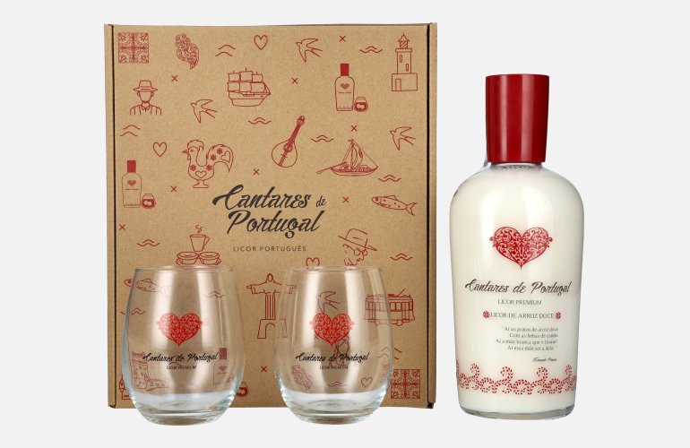 Cantares de Portugal Licor de Arroz Doce 15% Vol. 0,7l in geschenkverpakking met 2 Bril
