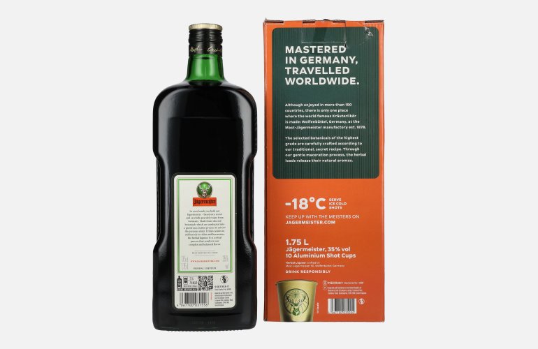 Jägermeister TRAVELLERS' EXCLUSIVE 35% Vol. 1,75l in Geschenkbox mit 10 Metal Shot Cups