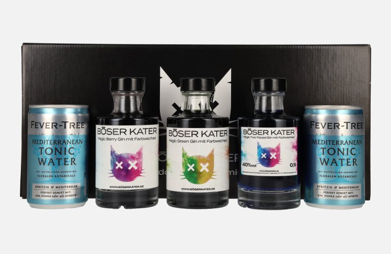 BÖSER KATER Farbwechsel Gin Tasting Set 40% Vol. 3x0,1l in geschenkverpakking met 2 Dosen Fever-Tree Mediterranean Tonic Water