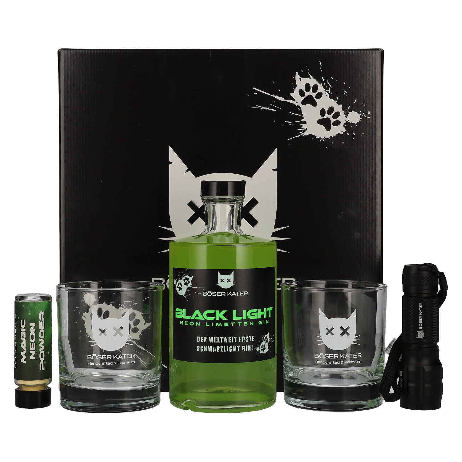 BÖSER KATER Black Light Neon Limetten Gin 40% Vol. 0,5l in Geschenkbox mit UV-Taschenlampe & Gläsern