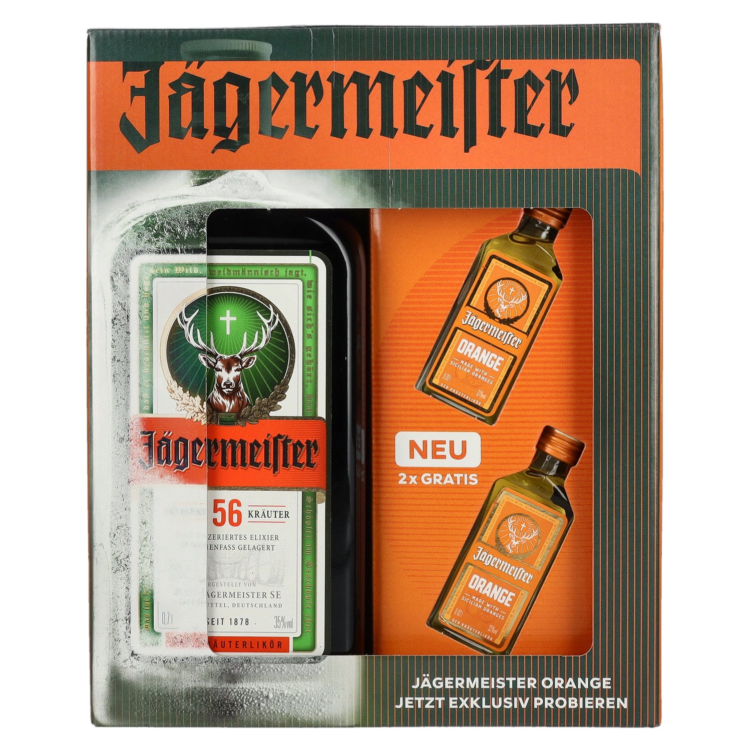 Jägermeister On Pack 34,9% Vol. 0,7l mit 2 Jägermeister Orange 0,02l