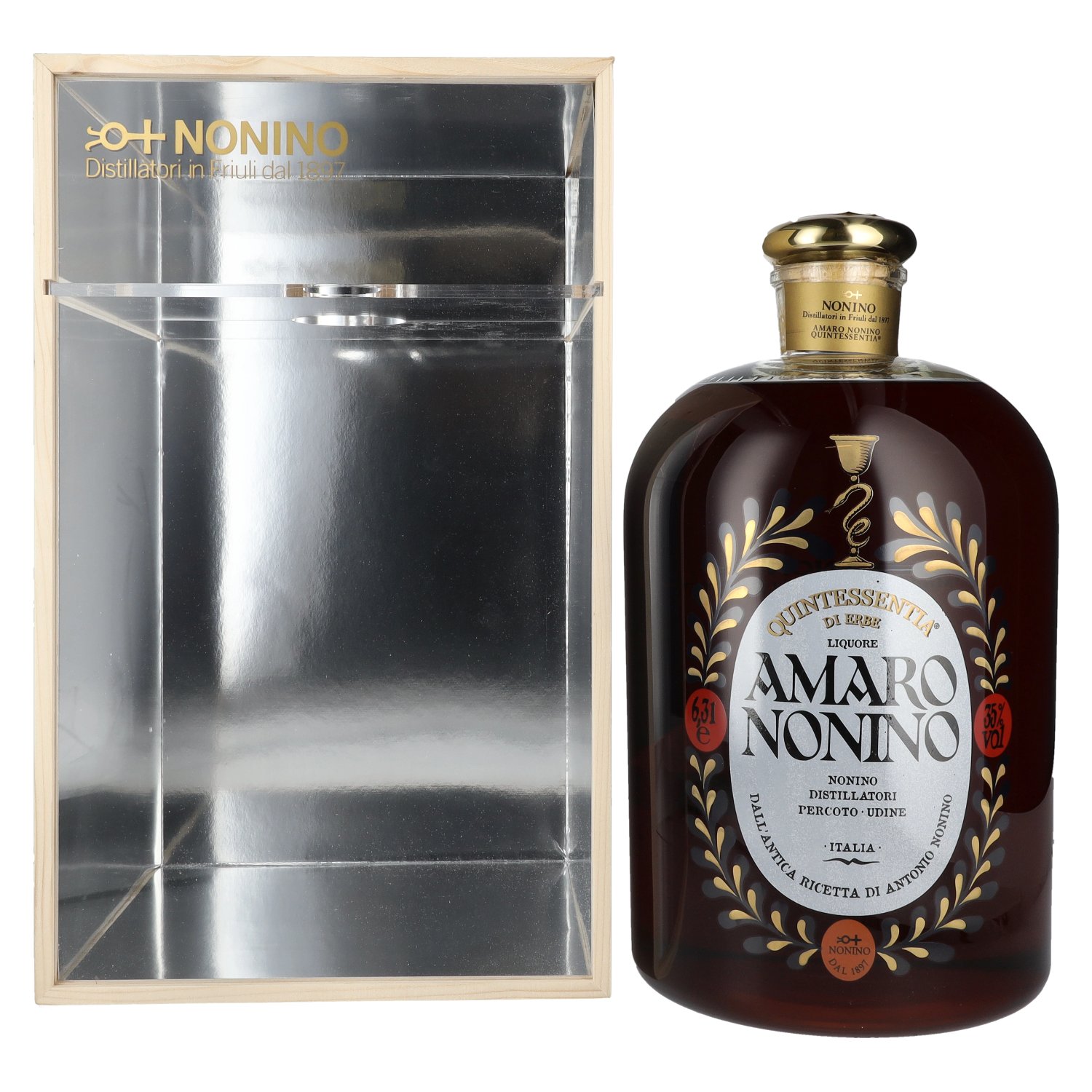 Amaro Nonino Quintessentia Di Erbe Liquore 35% Vol. 6,3l in Holzkiste mit Dosierpumpe