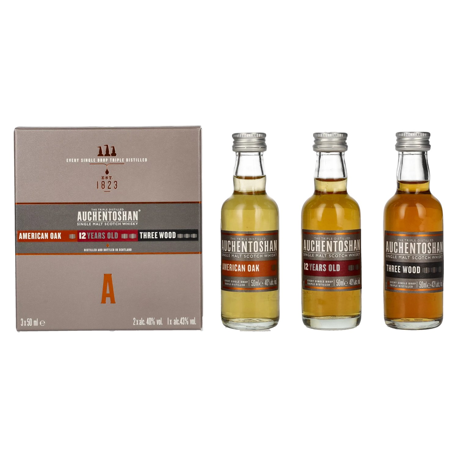 Auchentoshan Gift Collection (American Oak, 12YO, Three Wood) 41% Vol. 3x0,05l in Geschenkbox